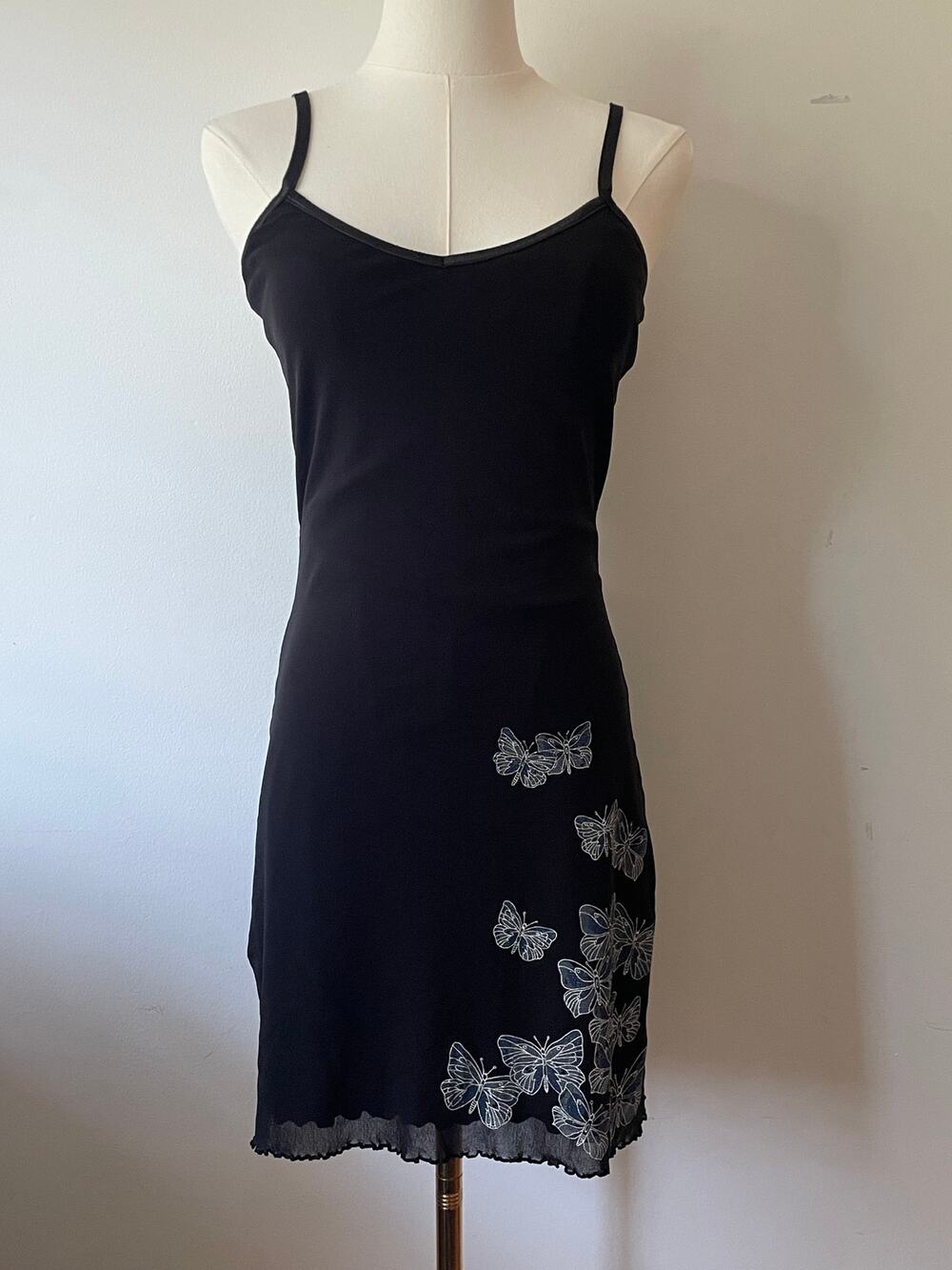 90s Currants Black Mesh Butterfly Mini Y2K Fairy Grunge Slip Dress Size M